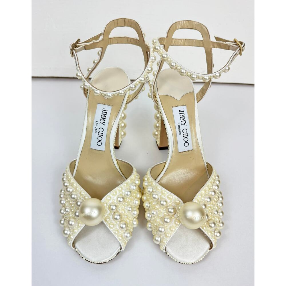 ❗️SOLD❗️JIMMY CHOO SACARIA 100 PEARL EMBELLISHED BLOCK HEEL SANDALS - Picture 3 of 11